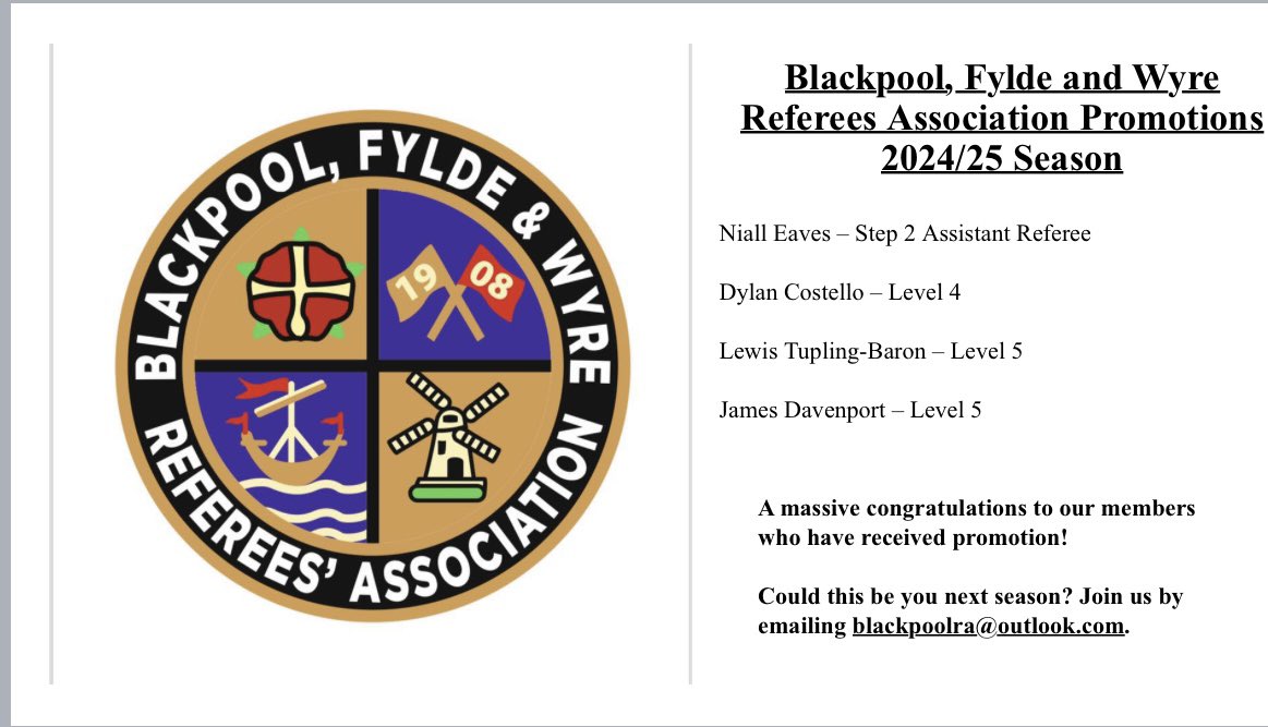 Blackpool Referees Association (@blackpoolrefs) on Twitter photo Congratulations to our members who have received promotions from the 2024/25 season! ⚽️👏
Could this be you next season? Join us by emailing blackpoolra@outlook.com. Congratulations to our members who have received promotions from the 2024/25 season! ⚽️👏
Could this be you next season? Join us by emailing blackpoolra@outlook.com.