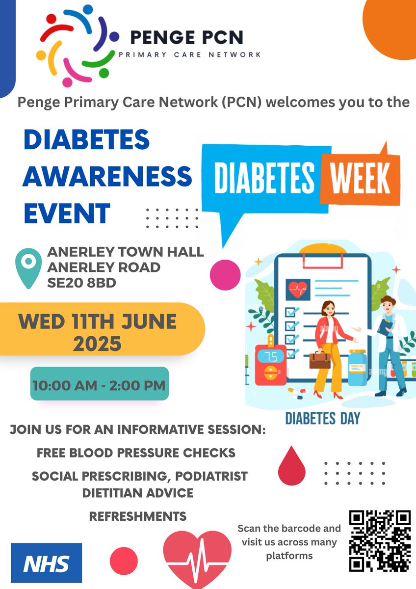 Join us Wed 11 June, 10am-2pm at Anerley Town Hall for the Penge PCN Diabetes Event! Free blood pressure checks, podiatrist, dietitian advice, social prescribing &amp; refreshments. Everyone welcome! #PengePCN #DiabetesSupport