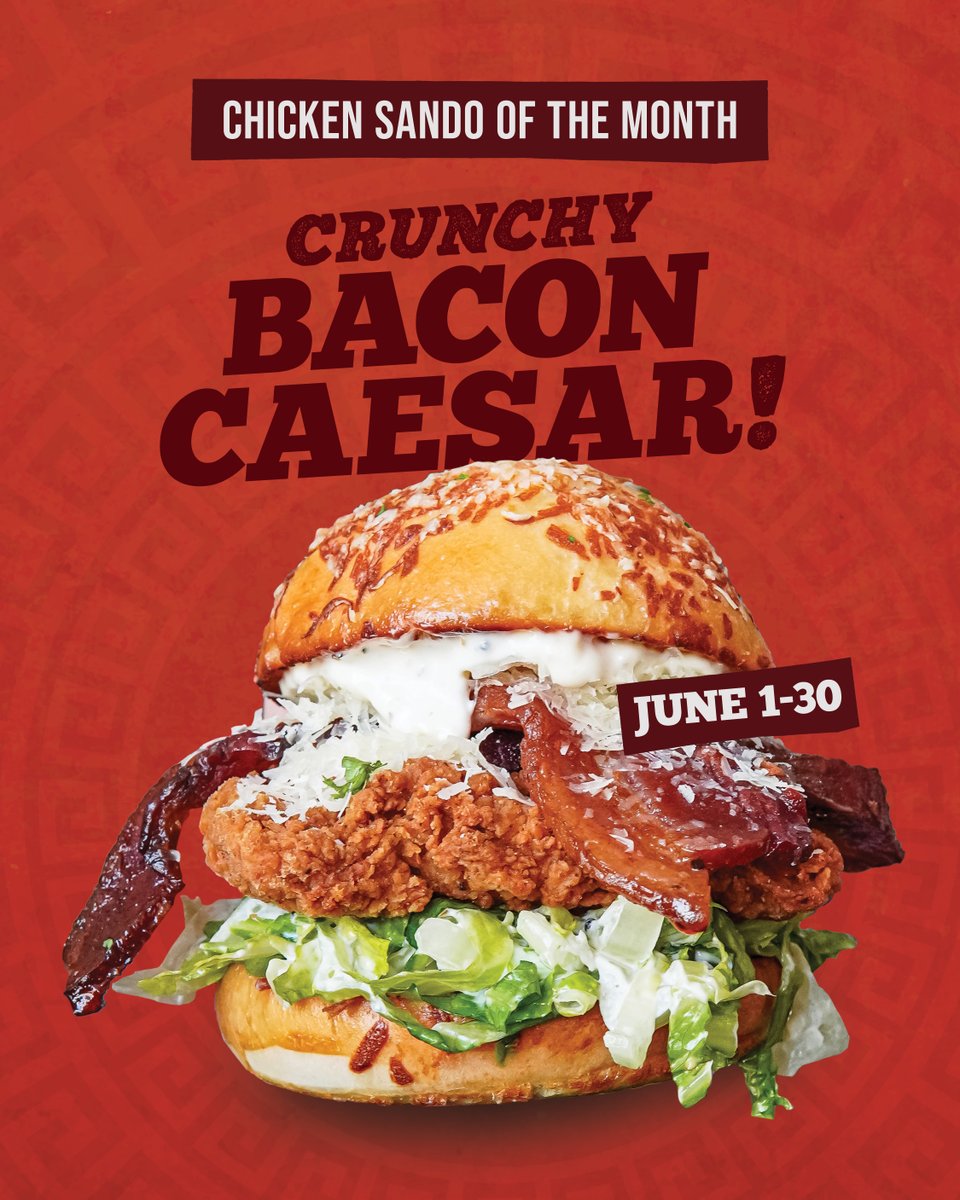 ⚡CRUNCHY BACON CAESAR SANDO⚡

Crispy chicken breast, romaine tossed in Caesar dressing, thick-cut bacon, shredded Grana Padano and extra Caesar dressing on a house Grana Padano bun toasted with garlic spread.

Available at all locations in June and on leostogo.ca