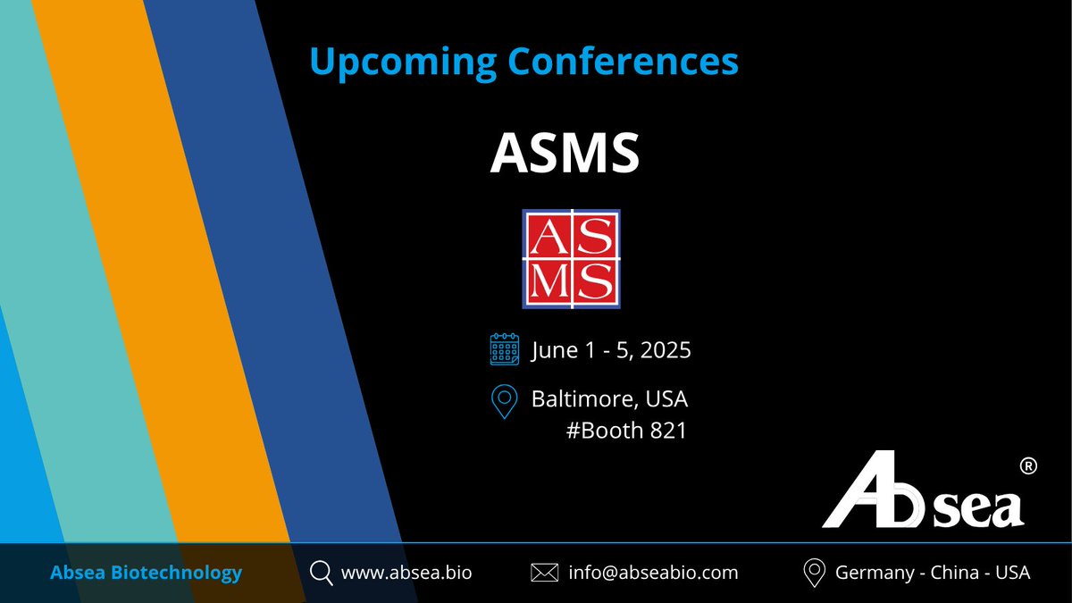 Absea (@absea_bio) on Twitter photo 🚀 We're heading to ASMS 2025!
Stop by Booth #821 to meet our leadership and explore innovations in #massspectrometry & #proteomics.
Connect with Tao Chen (CEO), Philip Lössl (SVP), Joy Zhou (Marketing Director).
📅 June 1–5 | 📍 Baltimore, USA
🏛️ <a href="/asmsnews/">Am Soc for Mass Spec</a>
#ASMS2025 #biotech 🚀 We're heading to ASMS 2025!
Stop by Booth #821 to meet our leadership and explore innovations in #massspectrometry & #proteomics.
Connect with Tao Chen (CEO), Philip Lössl (SVP), Joy Zhou (Marketing Director).
📅 June 1–5 | 📍 Baltimore, USA
🏛️ <a href="/asmsnews/">Am Soc for Mass Spec</a>
#ASMS2025 #biotech