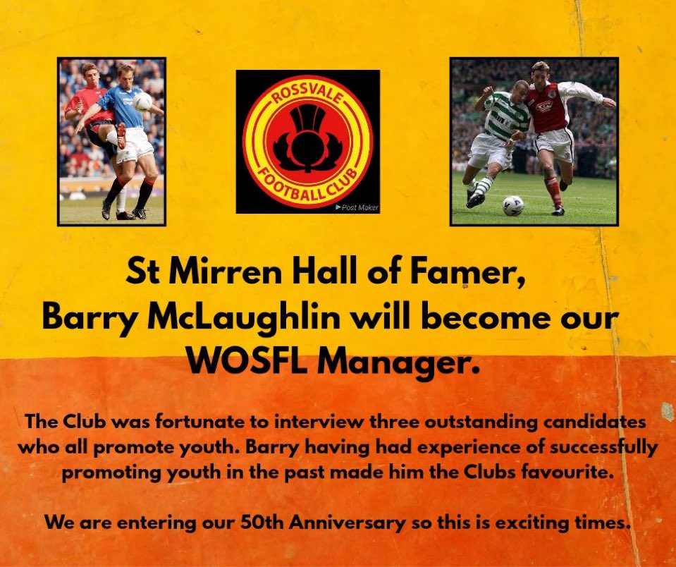 Barry McLaughlin (@barrymcl5) on Twitter photo Delighted to be taking over at <a href="/Rossvaleno1/">Rossvale Football Club</a> as manager in the <a href="/OfficialWoSFL/">West of Scotland Football League 🏴</a> , a club I know well from managing other senior sides previously .
Strong group of players at club already & exciting young players in the pathway programme also .
Big season ahead . . . 💪💪💪 Delighted to be taking over at <a href="/Rossvaleno1/">Rossvale Football Club</a> as manager in the <a href="/OfficialWoSFL/">West of Scotland Football League 🏴</a> , a club I know well from managing other senior sides previously .
Strong group of players at club already & exciting young players in the pathway programme also .
Big season ahead . . . 💪💪💪
