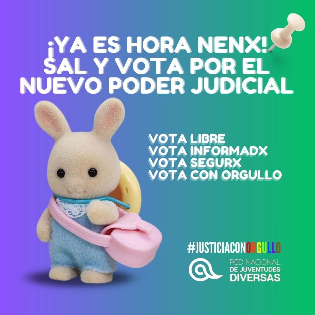 RNJD20's tweet image. 🗣️ ¡Chavxs, ya es hora! ✨
La construcción de la justicia nos corresponde a todxs, por ello, te invitamos a ejercer tu derecho al voto, libre e informado. ❤️
➡️ Tienes hasta las 18 hrs para ejercerlo, ¡No olvides llevar tu #INE! 🙊
#JusticiaConOrgullo 🏳️🌈🏳️⚧️🗳️