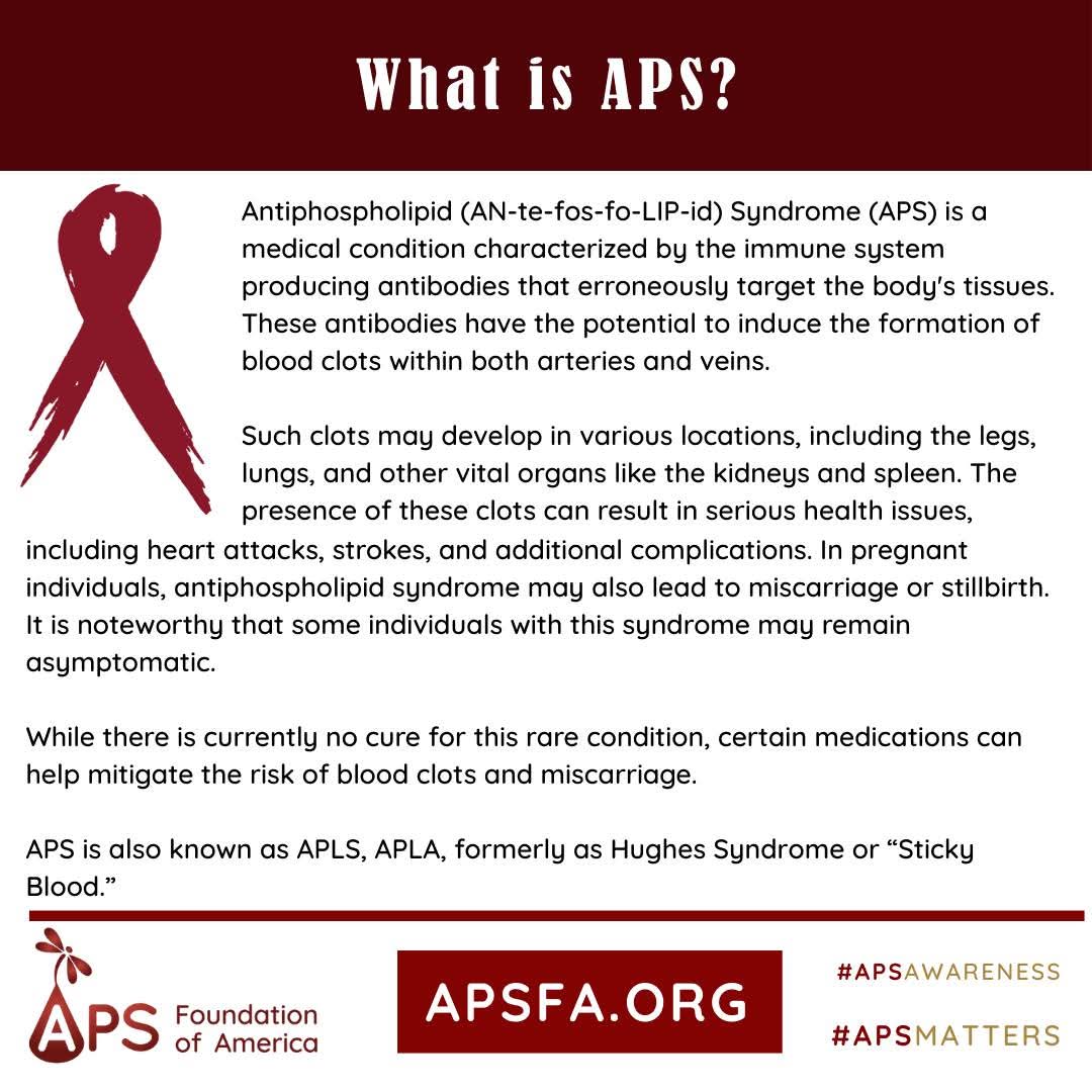APSFA's tweet image. How many times have you told someone that you have APS and they don&apos;t know what it stands for or what #APS is? 

Share today&apos;s graphic on your wall and help educate your friends and family! For more info, apsfa.org. 
.
 #AntiphospholipidSyndrome #APSAwareness