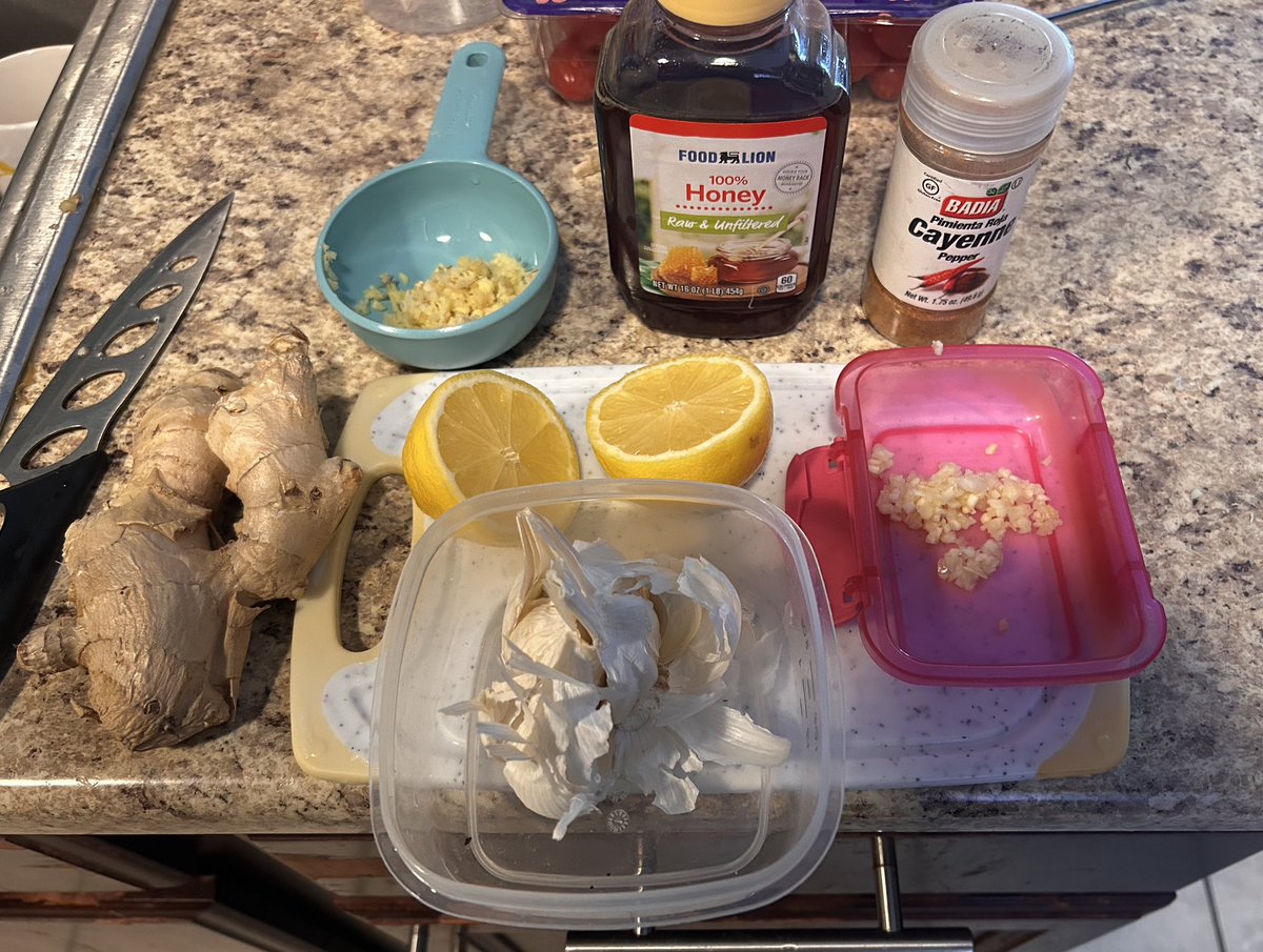 Kids finally feeling better after 4 days. Now Wifey is sick. Making her a Flu Bomb Tea. Ginger, Garlic, Cayenne Pepper, Lemon, and Honey. 2-3 teas a day for 3 days.