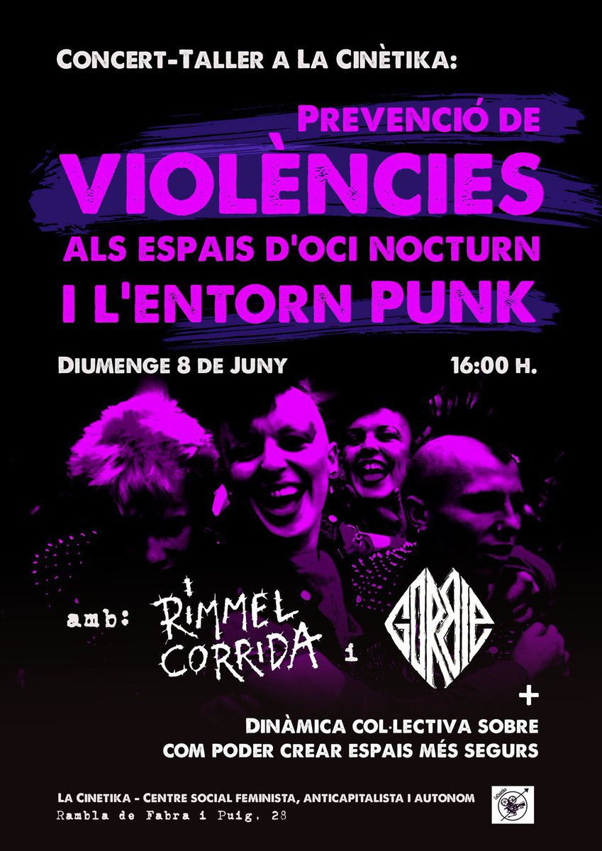 8/06/25 Concert-Taller: Prevenció de violències als espais d’oci nocturn i l’entorn punk

En aquest concert es farà una dinàmica col•lectiva sobre com crear espais d’oci més segurs, centrat sobretot en l’escena punk. Estarà dinamitzada per la Comissió de Gènere de La Cinètika.