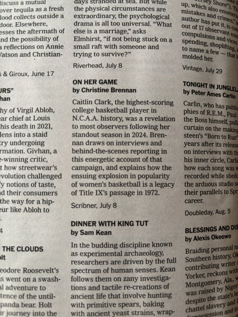 Thanks to the New York Times Book Review for including my new book on Caitlin Clark in today’s summer reading preview. ON HER GAME is filled with breaking news, behind-the-scenes reporting on the WNBA, Fever, Olympics, etc., extensive quotes from Clark — &amp; plenty of magical 3’s.