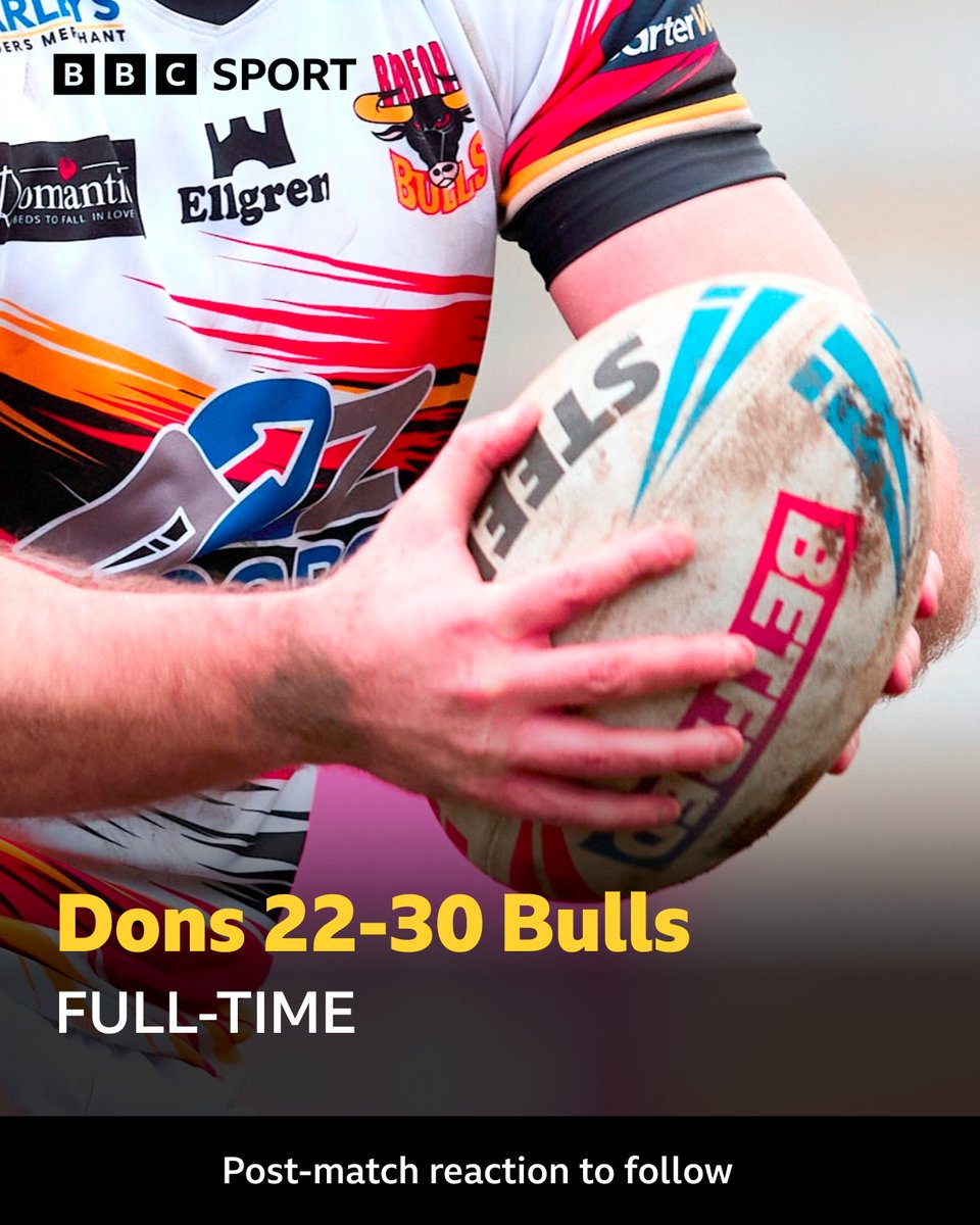 BBC Sport West Yorkshire (@bbcwys) on Twitter photo β±οΈ FULL-TIME!
π Doncaster 22-30 <a href="/OfficialBullsRL/">Bradford Bulls</a>
7β£ Bradford come from behind twice to claim seventh successive Championship victory
π Post-match reaction to follow
π tinyurl.com/3xtty987
#BBCRL β±οΈ FULL-TIME!
π Doncaster 22-30 <a href="/OfficialBullsRL/">Bradford Bulls</a>
7β£ Bradford come from behind twice to claim seventh successive Championship victory
π Post-match reaction to follow
π tinyurl.com/3xtty987
#BBCRL