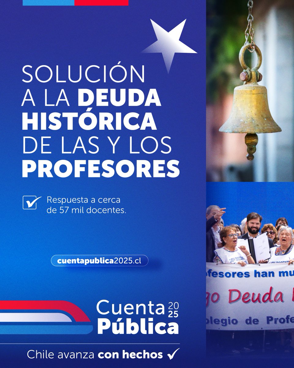 #ChileAvanzaConHechos para miles de profesores y profesoras que por décadas han esperado una respuesta 🇨🇱❤️

Sigue la #CuentaPública2025 en 💻 cuentapublica2025.cl