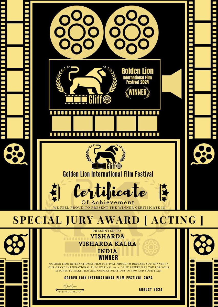 sueproduction's tweet photo. I sincerely express my gratitude to all jury members of the Golden Lion International Film Festival 2024 (Kolkata, India) who awarded me the BEST ACTRESS @TheSujataKapoor BEST CHILD ACTRESS &amp; SPECIAL JURY AWARD (ACTING) award for our Hindi feature film "VISHARDA".
@sufngo https://t.co/phzPFtENfN