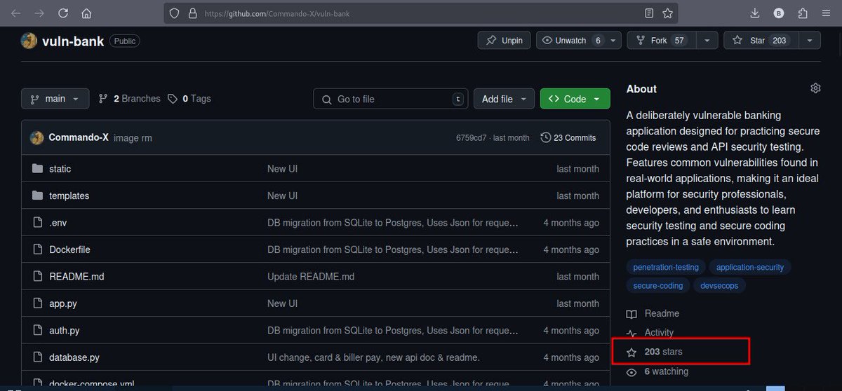 commando_skiipz's tweet photo. YOU CAN DO AMAZING THINGS FROM THE SMALLEST PLACES.

It's a surreal moment for VULN-BANK as it crosses 200 stars on @github and gets officially listed on the @owasp Vulnerable Web Applications Directory)! https://t.co/rfe0xJUiKA