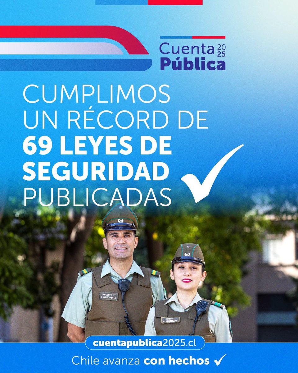 #ChileAvanzaConHechos: En nuestro país quien cometa un delito debe responder por ello y seguimos trabajando para que así sea.

#CuentaPública2025