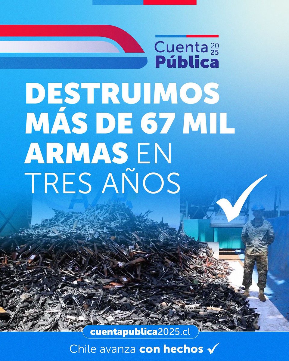 #ChileAvanzaConHechos 🇨🇱 Es por eso que trabajamos día a día en construir un país más seguro, reduciendo el poder de fuego en manos de delincuentes.

#CuentaPública2025