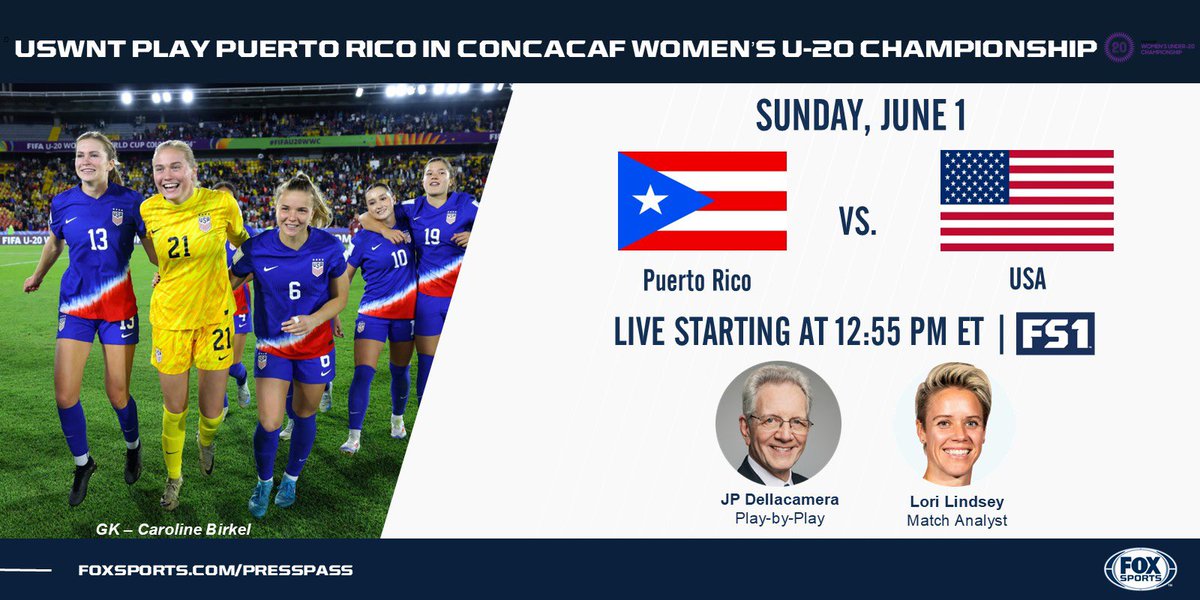 FOX Sports PR (@foxsportspr) on Twitter photo .<a href="/FOXSports/">FOX Sports</a>โ Summer of Soccer kicks off today on <a href="/FS1/">FS1</a> at 12:55 PM ET with the <a href="/USYNT/">U.S. Soccer YNT</a> taking on Puerto Rico in the <a href="/Concacaf/">Concacaf</a> Womenโs U-20 Championship! ๐บ๐ธโฝ๏ธ
๐๏ธ: JP Dellacamera & <a href="/LoriLindsey6/">Lori Lindsey (she/her) ๐ณ๏ธโ๐</a> .<a href="/FOXSports/">FOX Sports</a>โ Summer of Soccer kicks off today on <a href="/FS1/">FS1</a> at 12:55 PM ET with the <a href="/USYNT/">U.S. Soccer YNT</a> taking on Puerto Rico in the <a href="/Concacaf/">Concacaf</a> Womenโs U-20 Championship! ๐บ๐ธโฝ๏ธ
๐๏ธ: JP Dellacamera & <a href="/LoriLindsey6/">Lori Lindsey (she/her) ๐ณ๏ธโ๐</a>
