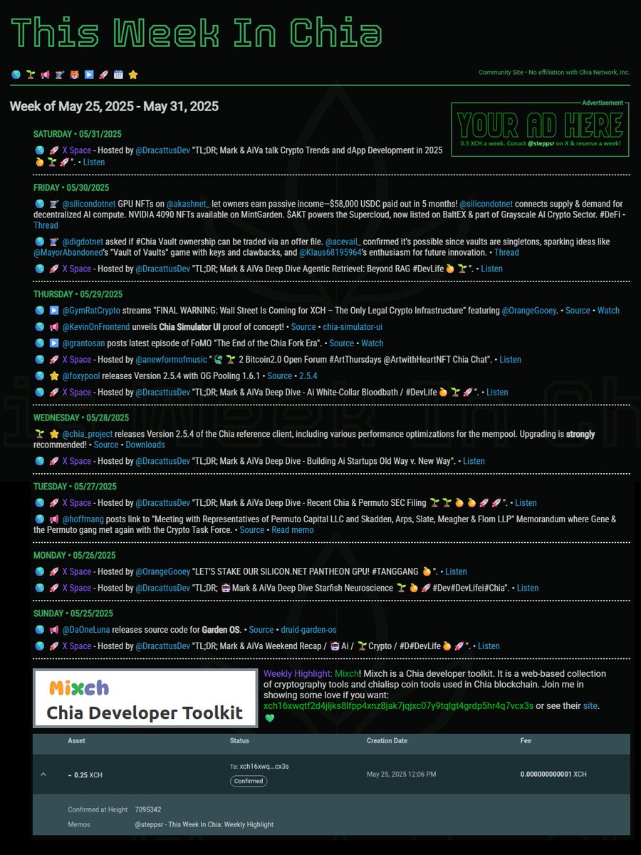 Steve Stepp🌱 (@steppsr) on Twitter photo 🎤 Yo, yo, yo! Check the site, it’s blockchain tight,
This Week In Chia brings news that’s right. We ain’t shillin’, we just thrillin’, $XCH gains? Yeah, we chillin’. 🌱🔥 thisweekinchia.com #Chia #XCH
Last week's Weekly Donation was to <a href="/icerdesign/">Wizard Glacier</a>'s Mixch Chia Developer 🎤 Yo, yo, yo! Check the site, it’s blockchain tight,
This Week In Chia brings news that’s right. We ain’t shillin’, we just thrillin’, $XCH gains? Yeah, we chillin’. 🌱🔥 thisweekinchia.com #Chia #XCH
Last week's Weekly Donation was to <a href="/icerdesign/">Wizard Glacier</a>'s Mixch Chia Developer