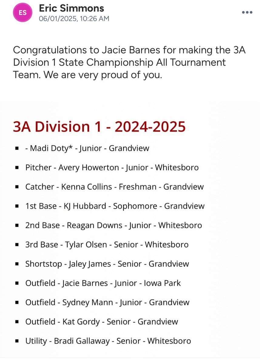 Jacie Barnes (@jaciebarnes2026) on Twitter photo I'm beyond proud to be named to the 3A Division 1 State Championship All-Tournament Team! Huge congrats to all these incredible athletes - honored to share this with y'all!
<a href="/MadiDoty20/">Madelyn Doty “Madi”</a>
<a href="/AHowerton51238/">Avery Howerton</a>
<a href="/KennaCollins28/">Kenna Collins</a>
<a href="/KJH_2027/">Kaylie “KJ” Hubbard</a>
<a href="/DownsReaga6759/">Reagan Downs</a>
<a href="/TylarOlsen/">Tylar Olsen</a>
<a href="/JaleyJames/">Jaley James</a>
<a href="/sj_mann2026/">Sydney Mann “SJ”</a> I'm beyond proud to be named to the 3A Division 1 State Championship All-Tournament Team! Huge congrats to all these incredible athletes - honored to share this with y'all!
<a href="/MadiDoty20/">Madelyn Doty “Madi”</a>
<a href="/AHowerton51238/">Avery Howerton</a>
<a href="/KennaCollins28/">Kenna Collins</a>
<a href="/KJH_2027/">Kaylie “KJ” Hubbard</a>
<a href="/DownsReaga6759/">Reagan Downs</a>
<a href="/TylarOlsen/">Tylar Olsen</a>
<a href="/JaleyJames/">Jaley James</a>
<a href="/sj_mann2026/">Sydney Mann “SJ”</a>