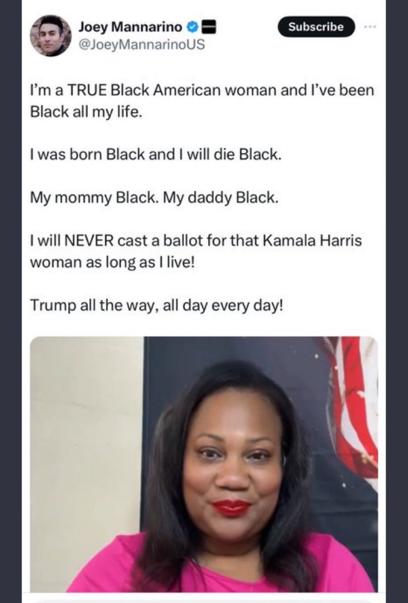 Dean’s post was great, but nothing will ever top this gem of a post. Let us never forget that <a href="/JoeyMannarinoUS/">Joey Mannarino 🇺🇸</a> is a TRUE Black American woman. 🫡