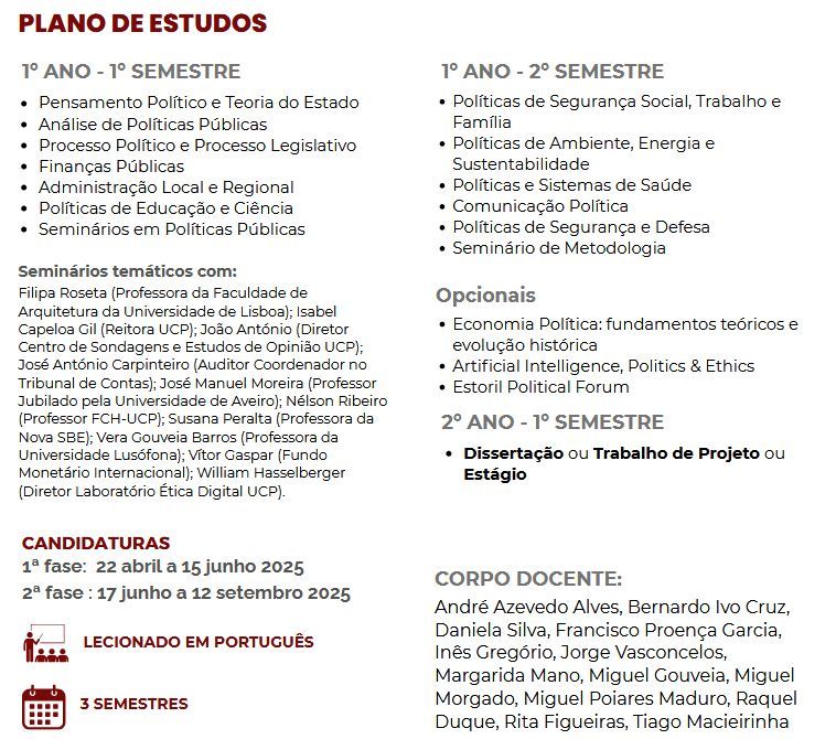 AzevedoAlves's tweet image. Estão abertas as candidaturas para o novo Mestrado em Políticas Públicas do IEP-Católica, que tenho o gosto de coordenar juntamente com os meus colegas - membros da Comissão Científica do MPP - @inessggregorio, @REALmfmorgado, Miguel Gouveia, @MaduroPoiares e Rita Figueiras.