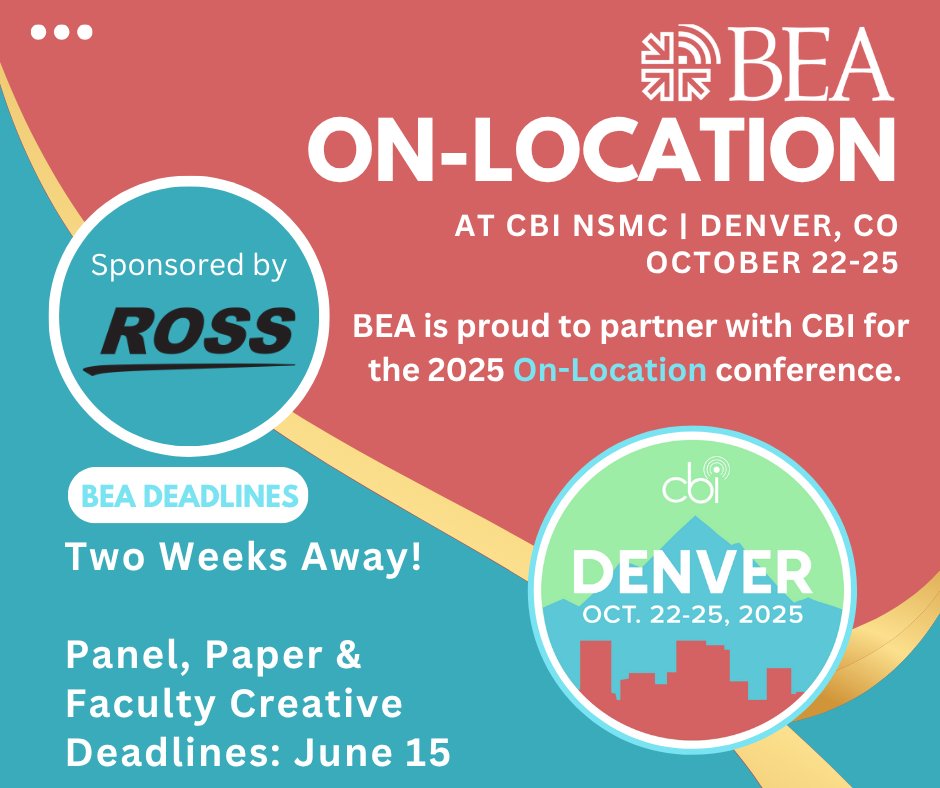 BEAWebTweets's tweet image. 🚨 Heads up, BEA members! The deadline to submit your panels, papers, and faculty creative work for BEA On-Location is just 2 weeks away! ⏳
Don’t miss the chance to showcase your work at this dynamic event!
#BEAOnLocation #MediaExcellence 📝🎥