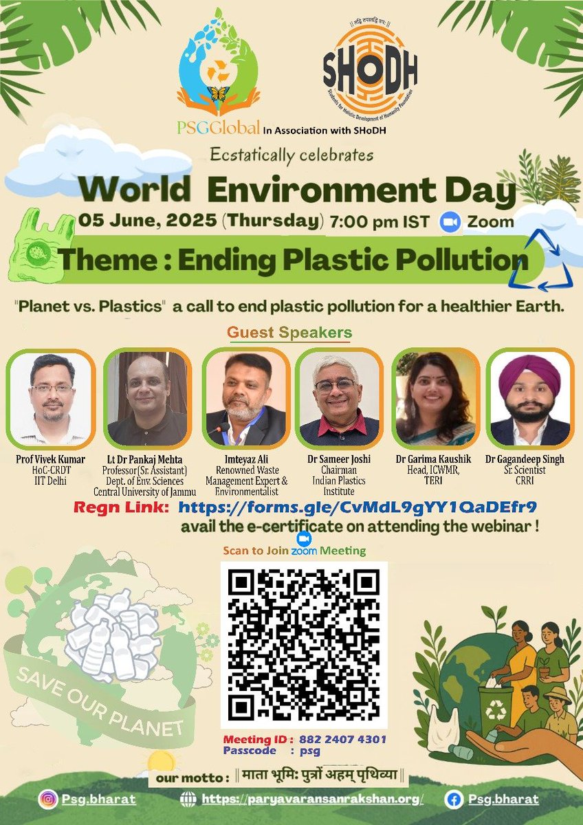 On the occasion of World Environment Day, PSG Global in collaboration w/ <a href="/SHoDHBharat/">SHoDH</a> is organizing a special webinar on the theme *Ending Plastic Pollution*,
“Planet vs. Plastics” — a global call to action for a healthier and more sustainable Earth.

🗓 5th June 2025
🕒7:00 PM