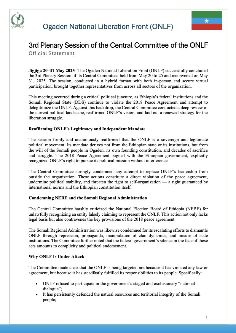 ONLFofficial's tweet image. #ONLF Central Committee concludes 3rd plenary session, reviewing the 2018 peace deal, legitimacy, repression &amp;amp; political direction.
It reaffirms its mandate, the mandate of the legally elected chairman in Godey Congress, condemns NEBE’s illegal recognition of impostors &amp;amp; vows to