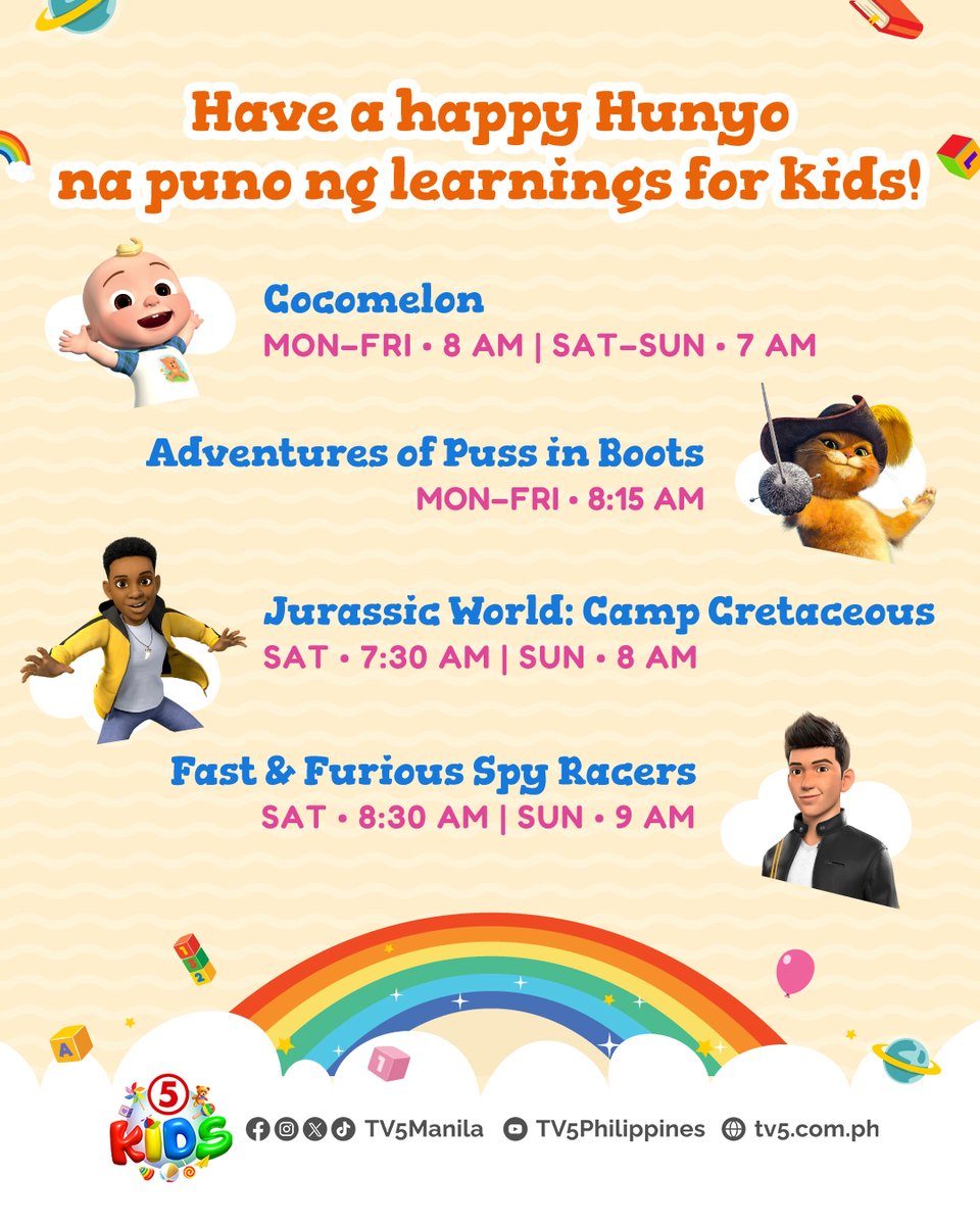Panibagong buwan na naman ang pupunuin ng kulitan at kaalaman kasama ang paborito ng mga chikiting na #CocomelonTV5, #TheAdventuresOfPussInBootsTV5, #JurassicWorldTV5, at #FastandFuriousSpyRacersTV5! 🥰

Mapapanood sila mula LUNES hanggang LINGGO sa #GandangMorningsTV5!