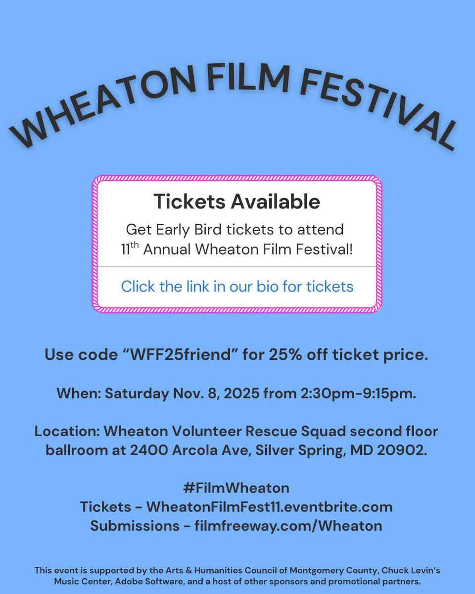Deadline for Early Bird tickets is June 10, 2025! Get your tickets now to attend the 11th Annual Wheaton Film Festival. 🥳
Visit WheatonFilmFest11.eventbrite.com and use "WFF25friend" for 25% off ticket price. 
Submit your short film at filmfreeway.com/Wheaton.
