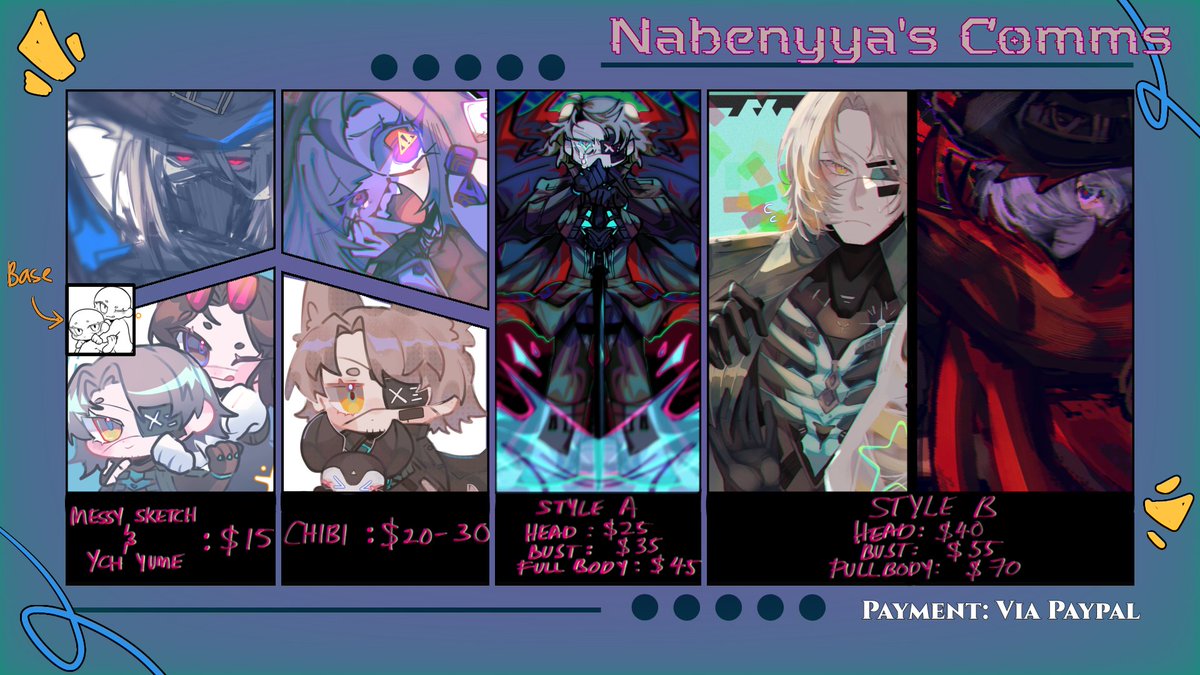 Nabennya_21's tweet image. Haii I'm opening comms again, I also made it separately between styles and also added a chibi YCH! :>
Please do DM me if you're interested, and it would help a lot too if you can reshare as well ^^
#punishinggrayraven #commission