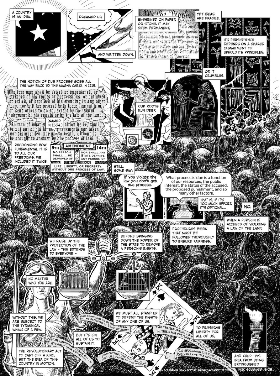 I stopped posting here - but sharing new comic on Due Process and how we all must stand up for the rights for any one of us to preserve liberty for all of us. Alt-text, notes/process &amp; printable version on my site, appreciate sharing spinweaveandcut.com/due-process/