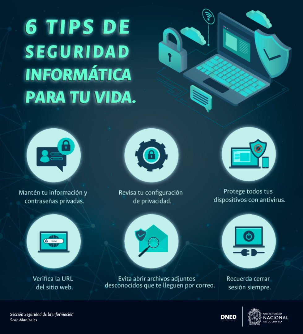 🔐 Proteger tu información es proteger tu identidad.
Desde la DNED te compartimos 6 recomendaciones clave para fortalecer tu seguridad informática en la vida diaria.

Implementa buenas prácticas digitales y contribuye a un entorno más seguro.

#SomosInnovaciónDigital