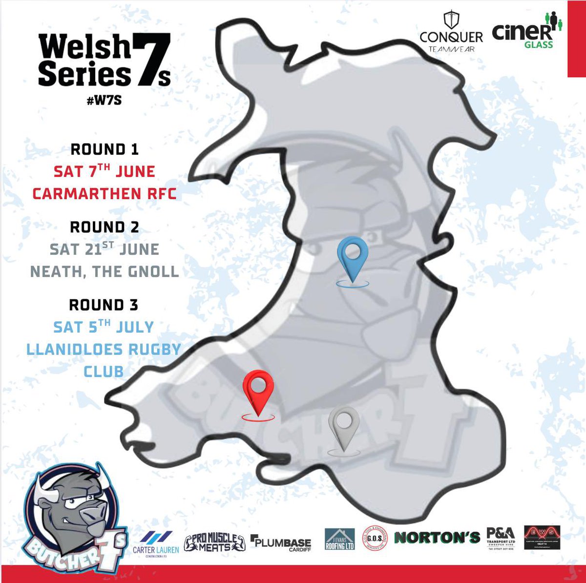 This is your one week countdown until the Butchers will be back in action 💥🐮

📍Round 1 of the <a href="/Welsh7sSeries/">Welsh 7s Series</a> next Saturday at Carmarthen Quins RFC, Abergwili site SA31 2JJ

Can’t wait to see you there 🤟🏼

<a href="/cinerglass/">Ciner Glass</a> <a href="/ConquerTeamwear/">Conquer Teamwear</a>