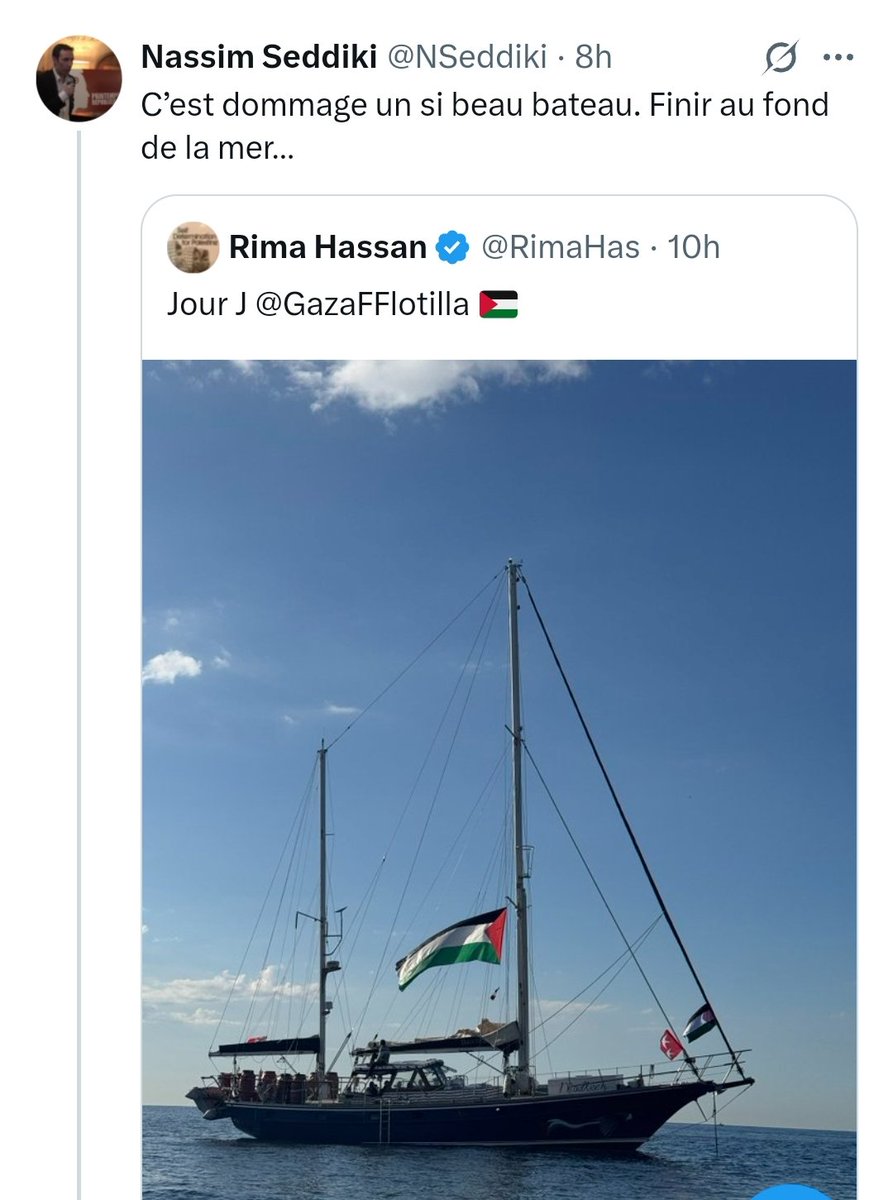 <a href="/marika_bret/">Marika Bret</a> <a href="/ericcoquerel/">Eric Coquerel</a> <a href="/BanonTristane/">Tristane Banon</a> Nassim Seddiki référent Île-de-France du #PrintempsRepublicain apologistes de crimes espère que la flotille humanitaire pour #Gaza sombre dans l'eau.
Propos abjects condamnables 
Une réaction Marika ?