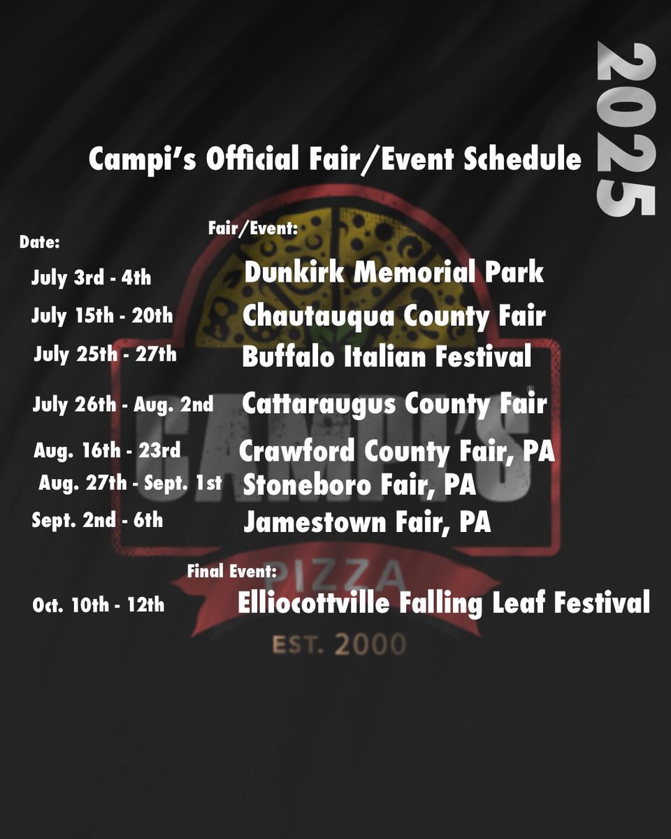 🎉 The Stage is Set! 🍕 Campi's Pizza Official Fair &amp; Event Schedule is HERE! We're thrilled to bring our delicious pizza to events near you! 😁 Check out our lineup, drop a comment with the event you're hitting up and who you're bringing along, and share the news—CAMPIS IS BACK!