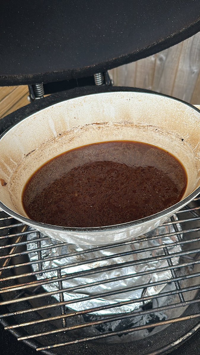 3:45 braise, strained the liquor and put it back in to reduce.

Haven’t decided whether to glaze the ribs and give them a blast before serving or put them back in their juicy bath for the last 20 mins.