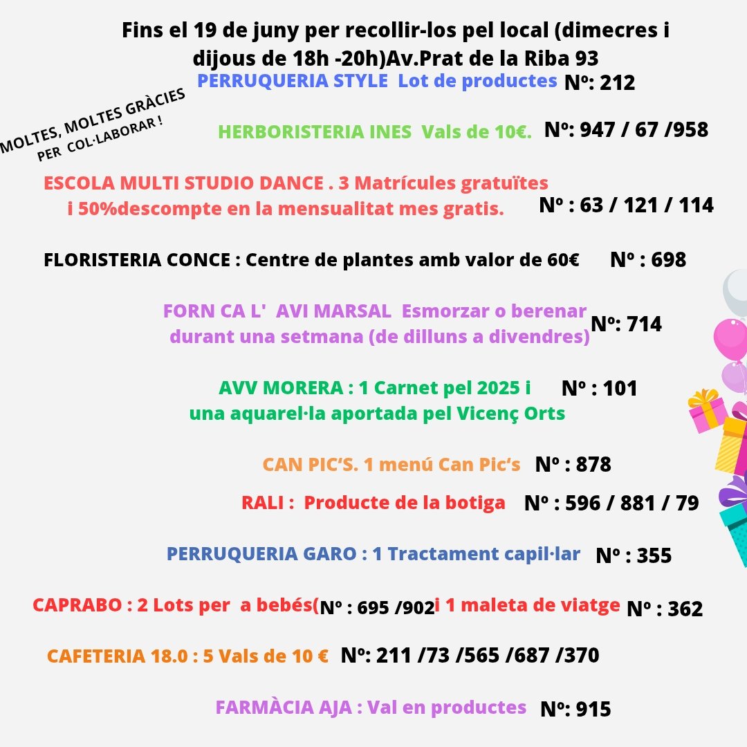 Avv Morera-Badalona (@avvmorera) on Twitter photo 📢Els resultats dels sortejos dels regals dels comerciants!Guardarem els vals fins el 19 de juny.Podreu passar per l'AVV (Av.Prat de la Riba 93) els dimecres i dijous de 18-20h. Si no podeu venir, escriviu un correu a info@avvmorera.com i ja quedarem. 📢Els resultats dels sortejos dels regals dels comerciants!Guardarem els vals fins el 19 de juny.Podreu passar per l'AVV (Av.Prat de la Riba 93) els dimecres i dijous de 18-20h. Si no podeu venir, escriviu un correu a info@avvmorera.com i ja quedarem.