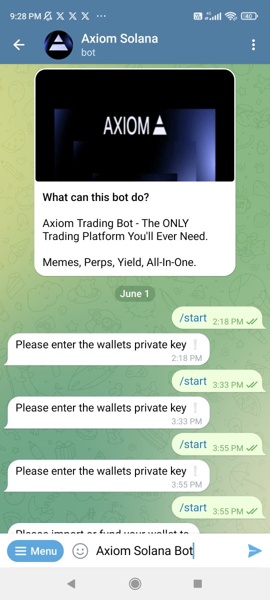 BEWARE OF CHEATERS  ON  X -

One beggar named Xander cheated 0.47 Sol only, on the name of providing  Axiom solana bot ,
Cheater wallet address is given below-
FjbArhwrv8mKw6jNEt9PTDNi8aApDyRMRehu6q1CD2N4
DONT CONNECT YOUR WALLET WITH ANY BOT IN MARKET.