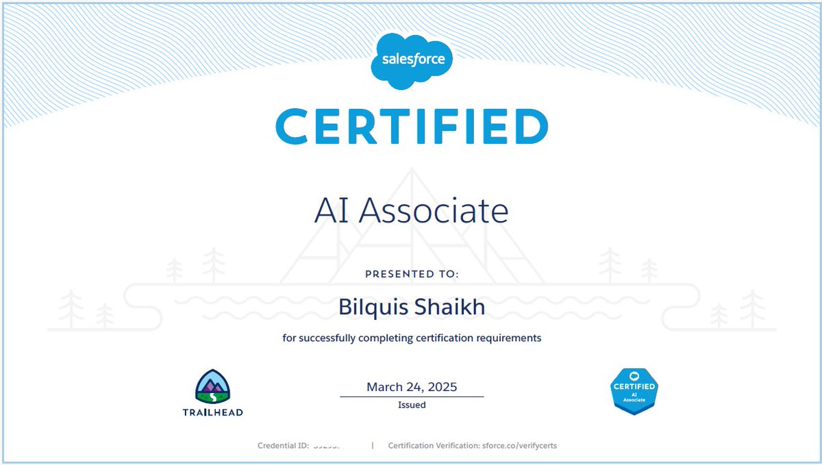 Bilquis Shaikh (@sbilquis27) on Twitter photo Pheww!๐
Finally!.. #Certified #Salesforce Data Architect!๐๐ฅณ๐
Unlocked my first ever architect level cert! Thanks <a href="/trailhead/">Trailhead</a> for amazing prep materials!๐๐
Also cleared my #AI Associate cert 2 months back, so double celebrations!!๐
Ready for next 1!๐ค
#SundaywithSalesforce Pheww!๐
Finally!.. #Certified #Salesforce Data Architect!๐๐ฅณ๐
Unlocked my first ever architect level cert! Thanks <a href="/trailhead/">Trailhead</a> for amazing prep materials!๐๐
Also cleared my #AI Associate cert 2 months back, so double celebrations!!๐
Ready for next 1!๐ค
#SundaywithSalesforce