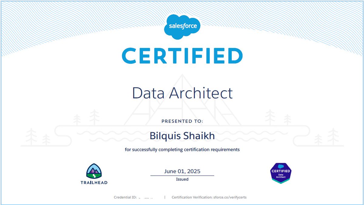 sbilquis27's tweet photo. Pheww!π
Finally!.. #Certified #Salesforce Data Architect!ππ₯³π
Unlocked my first ever architect level cert! Thanks @trailhead for amazing prep materials!ππ
Also cleared my #AI Associate cert 2 months back, so double celebrations!!π
Ready for next 1!π€
#SundaywithSalesforce https://t.co/nicszOasec