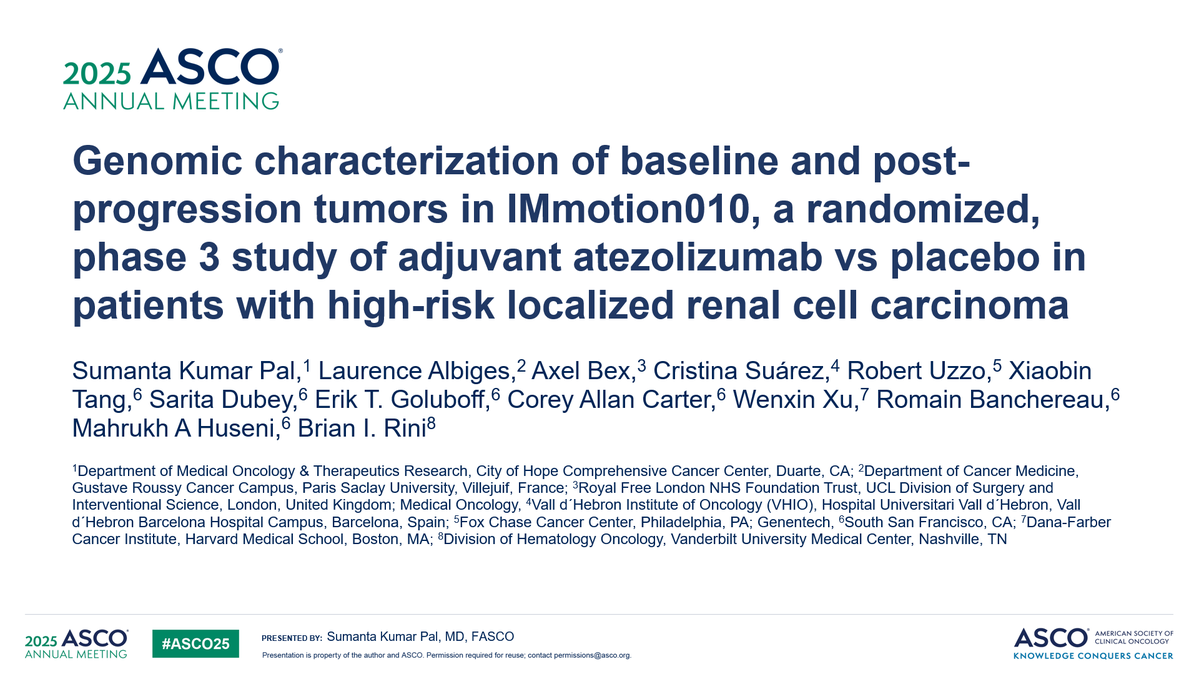 Sumanta K. Pal, MD, FASCO (@montypal) on Twitter photo With all the amazing presentations at #ASCO25, just wanted to take a moment to share some of our data related to #biomarkers from the #IMmotion010 phase III study, a trial of adjuvant #atezolizumab vs pbo. A tremendous team helped me put this together, including <a href="/VincentWenxinXu/">Wenxin (Vincent) Xu</a> With all the amazing presentations at #ASCO25, just wanted to take a moment to share some of our data related to #biomarkers from the #IMmotion010 phase III study, a trial of adjuvant #atezolizumab vs pbo. A tremendous team helped me put this together, including <a href="/VincentWenxinXu/">Wenxin (Vincent) Xu</a>