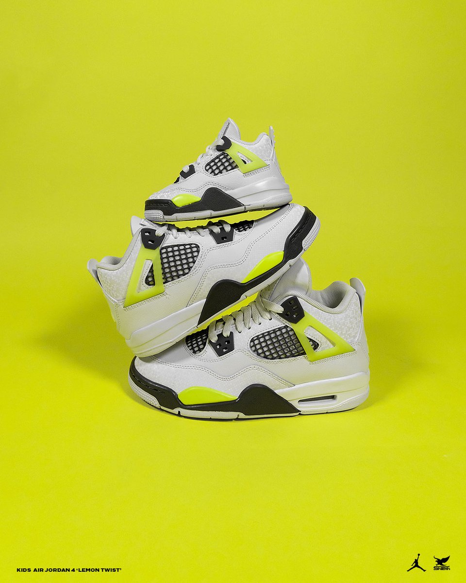Shiekh's tweet image. The AJ4 “Light Lemon Twist” is bringing the juice — just in kid sizes 🍋

Boys Grade School &amp;amp; Preschool Sizes
Available now ! [Link in Bio]

#Jordan4 #LemonTwist #Minikicks #Airjordan