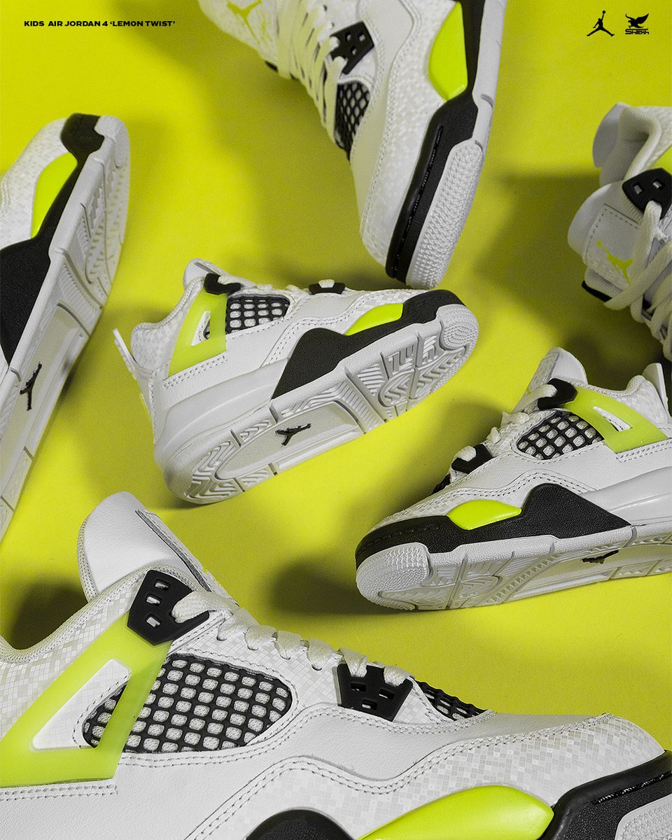 Shiekh's tweet image. The AJ4 “Light Lemon Twist” is bringing the juice — just in kid sizes 🍋

Boys Grade School &amp;amp; Preschool Sizes
Available now ! [Link in Bio]

#Jordan4 #LemonTwist #Minikicks #Airjordan