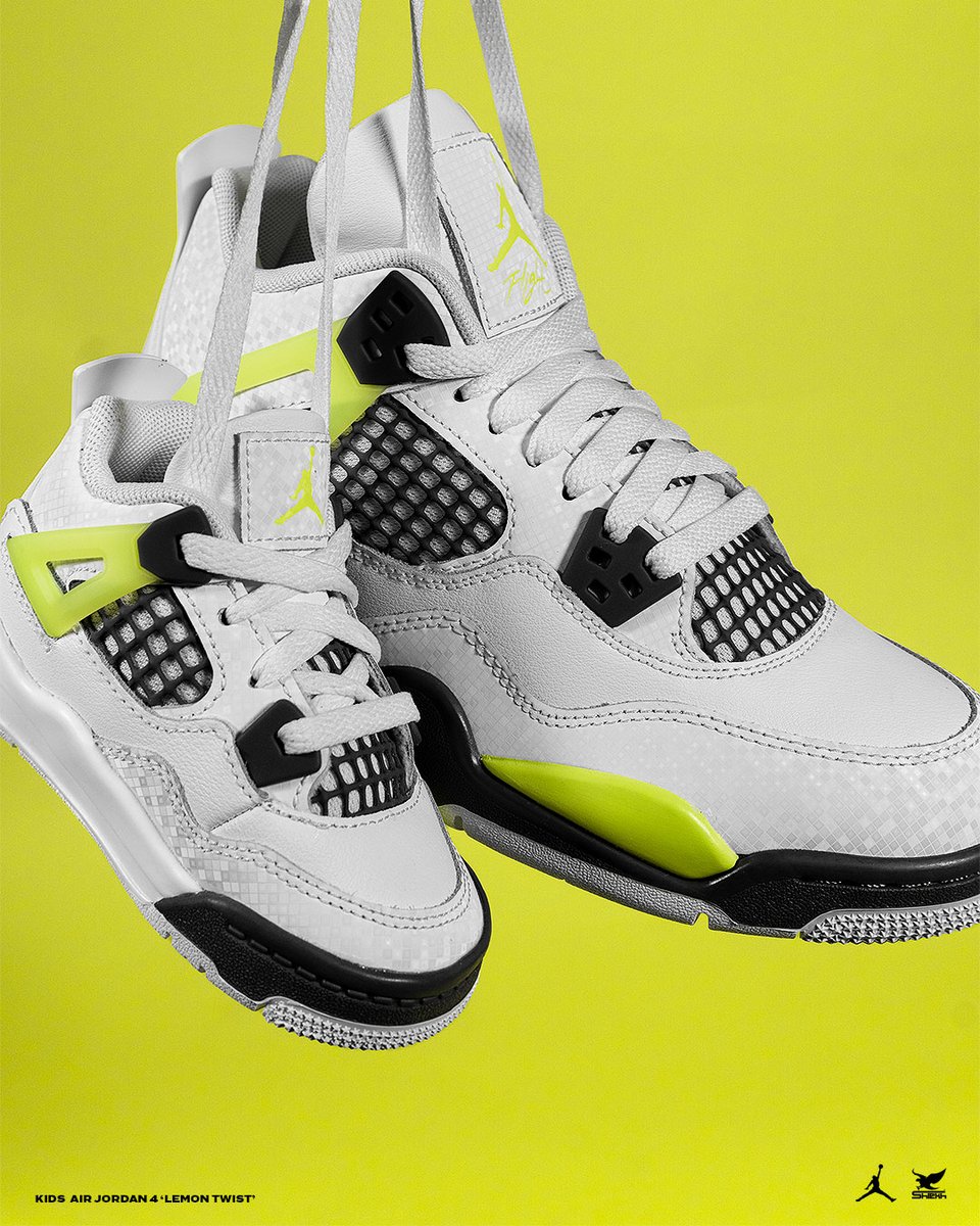 Shiekh's tweet image. The AJ4 “Light Lemon Twist” is bringing the juice — just in kid sizes 🍋

Boys Grade School &amp;amp; Preschool Sizes
Available now ! [Link in Bio]

#Jordan4 #LemonTwist #Minikicks #Airjordan