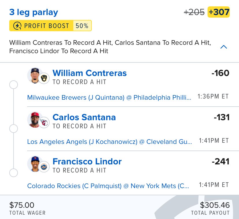 $75 ➡️ $305⏳ 

Ya Boy JP👊🏾🤑 sent this 3 Leg #MLB⚾️ HITS PARLAY BANGER to the #HOLLA🗣️ FAM‼️ LIKE ❤️ if you’re tailing 👀 

SMASH💥 that FREE TRIAL LINK to come JOIN US in the FAM and see the rest of my plays for today✅🏦 

🆓 Trial ~ dubclub.win/r/p/pri-4dk9j/… of my TOP PLAYS