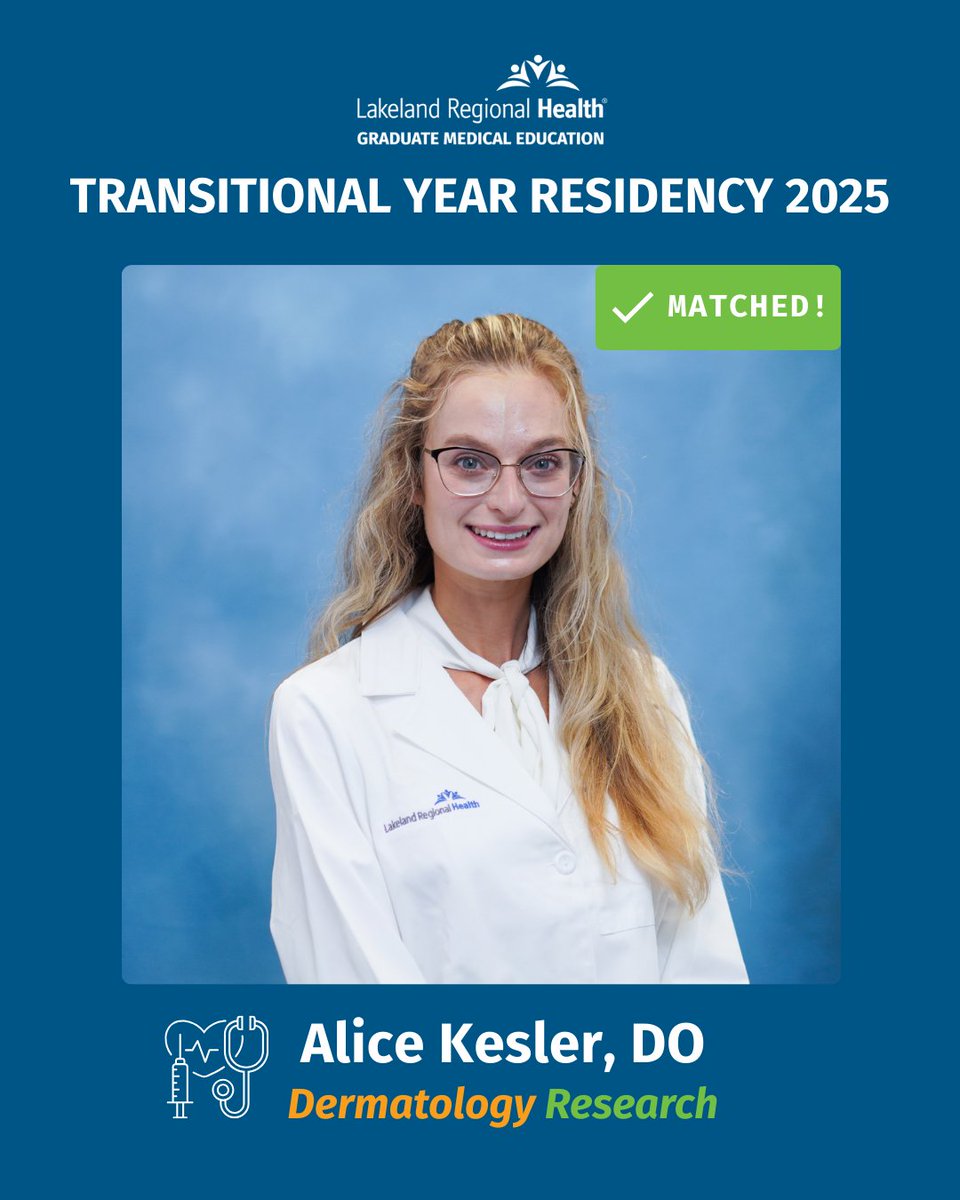 LRHGME_TY's tweet photo. Congratulations to Dr. Kesler on matching into Dermatology Research! 🩺
We’re excited to see all the ways you’ll make an impact in your next chapter!

#LRH #LakelandRegionalHealth #GME #GraduateMedicalEducation #Residency #Match2026 #MedStudent #MedTwitter #MedSchool #Healthcare https://t.co/FHN77aWjn8