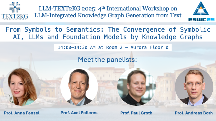 Nandana නන්දන 🇱🇰 🇪🇸 🇺🇸 (@nandanamihindu) on Twitter photo 🚨 If you are at ESWC 2025, don't miss this exciting panel discussion on:
🧠💡 "From Symbols to Semantics: The Convergence of Symbolic AI, LLMs, and Foundation Models via KGs"
<a href="/alphaverda/">Anna Fensel</a> @AxelPolleres <a href="/pgroth/">Paul Groth</a> <a href="/AnBo_de/">Andreas Both</a>
<a href="/eswc_conf/">ESWC Conferences</a>
Full programme: aiisc.ai/text2kg2025/#a… 🚨 If you are at ESWC 2025, don't miss this exciting panel discussion on:
🧠💡 "From Symbols to Semantics: The Convergence of Symbolic AI, LLMs, and Foundation Models via KGs"
<a href="/alphaverda/">Anna Fensel</a> @AxelPolleres <a href="/pgroth/">Paul Groth</a> <a href="/AnBo_de/">Andreas Both</a>
<a href="/eswc_conf/">ESWC Conferences</a>
Full programme: aiisc.ai/text2kg2025/#a…