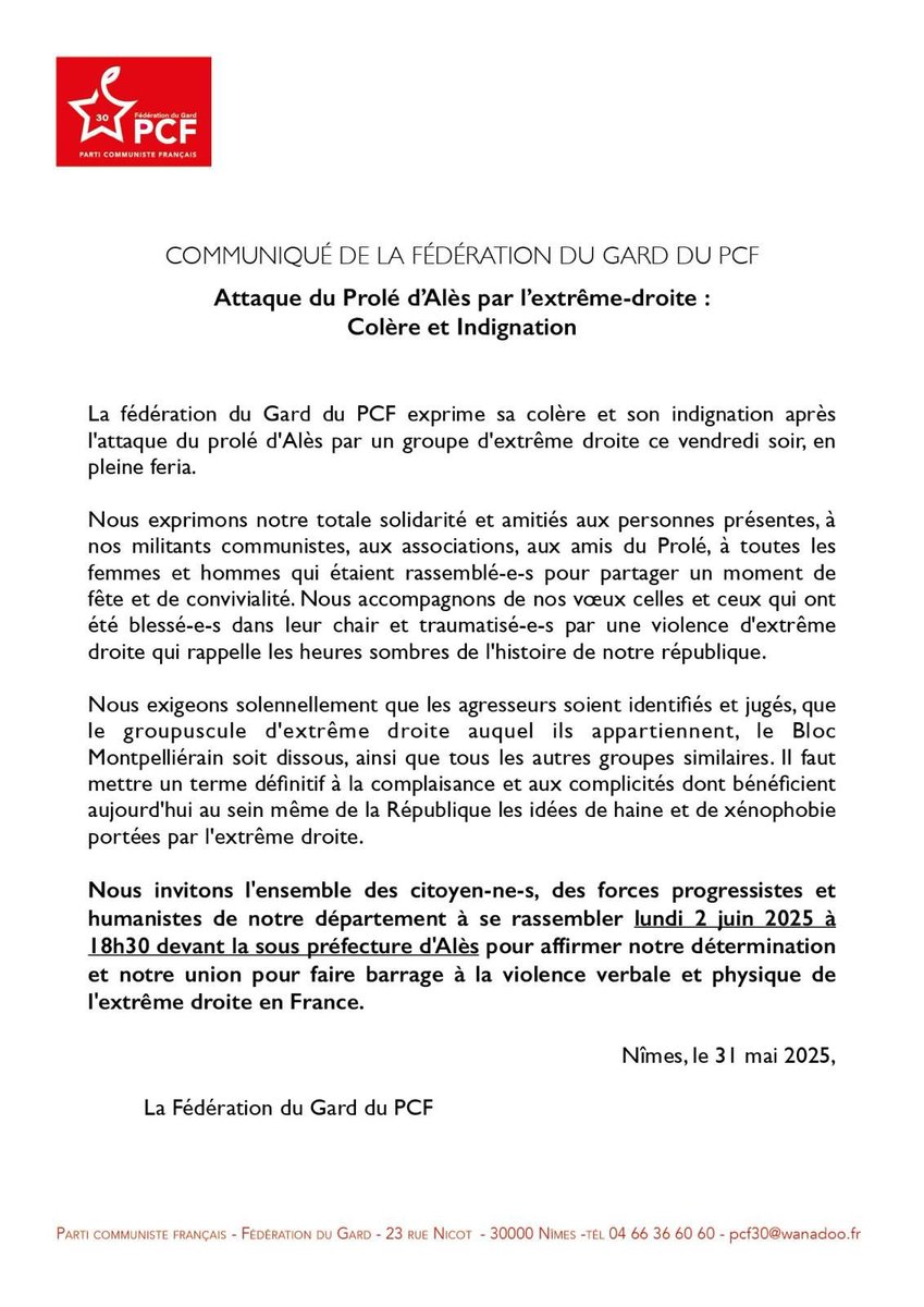 Soyons nombreux demain, lundi 2 juin à 18h à Alès pour dire stop aux violences d'extrême droite et en solidarité avec les victimes de l'agression du Prolé !