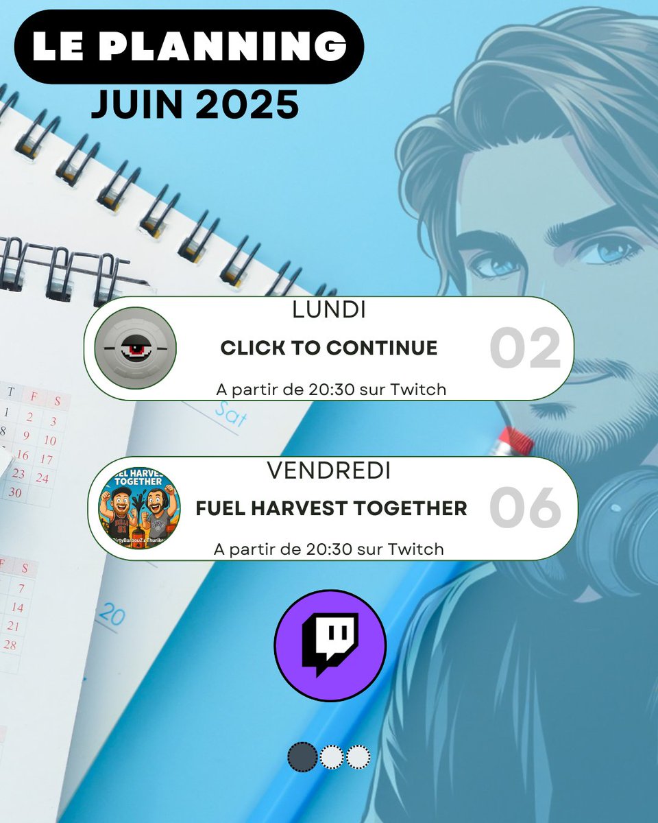 thuriken_off's tweet photo. LE PLANNING-DU 2 AU 8 JUIN
-
LUNDI / CLICK TO CONTINUE de @Basolute8 
-
VENDREDI / FUEL HARVEST TOGETHER avec @DBarbouz 
-
Bonne semaine à tous
-
#twitch #twitchtv #twitchfr #stream #streaming #gaming #videogame #france #planning #date
-
Likez &amp; Partagez ça fait pousser ! 🍀 https://t.co/YaghyQtPh4