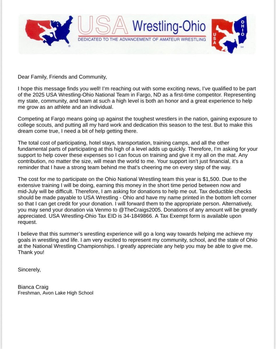 Please consider supporting Bianca’s journey to Fargo, ND as part of the USA Wrestling-Ohio National Team. Thank you!