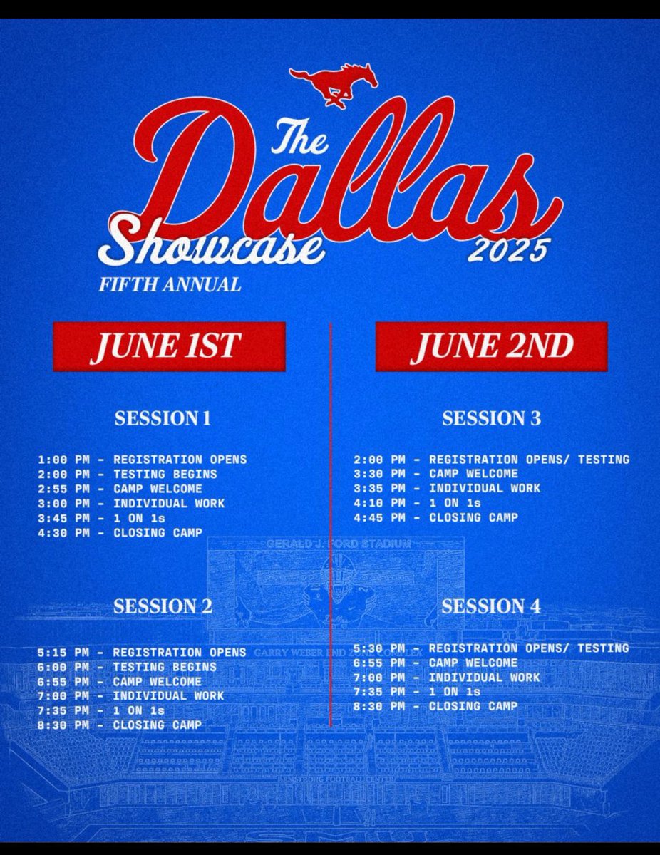 Excited to showcase my skills at SMU tomorrow! See yall at session 4👀‼️
<a href="/FootballSvale/">Sunnyvale Football</a> <a href="/SMUFB/">SMU Football</a> <a href="/GarinJustice/">Garin Justice</a>