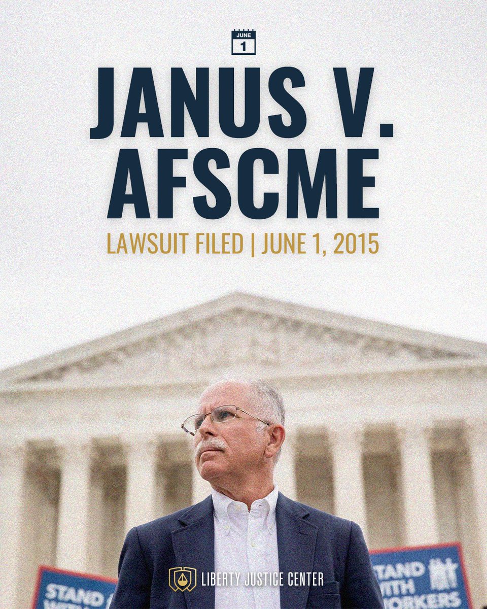 Liberty Justice Center (@ljcenter) on Twitter photo JANUS at 1️⃣0️⃣: In 2015, LJC and <a href="/RightToWork/">National Right To Work Foundation</a> filed a lawsuit challenging unconstitutional forced union fees on behalf of <a href="/markjanusLJC/">Mark Janus</a>, a non-union state employee. We took the fight to #SCOTUS and WON—restoring the #1A rights of free speech and freedom of association to millions JANUS at 1️⃣0️⃣: In 2015, LJC and <a href="/RightToWork/">National Right To Work Foundation</a> filed a lawsuit challenging unconstitutional forced union fees on behalf of <a href="/markjanusLJC/">Mark Janus</a>, a non-union state employee. We took the fight to #SCOTUS and WON—restoring the #1A rights of free speech and freedom of association to millions