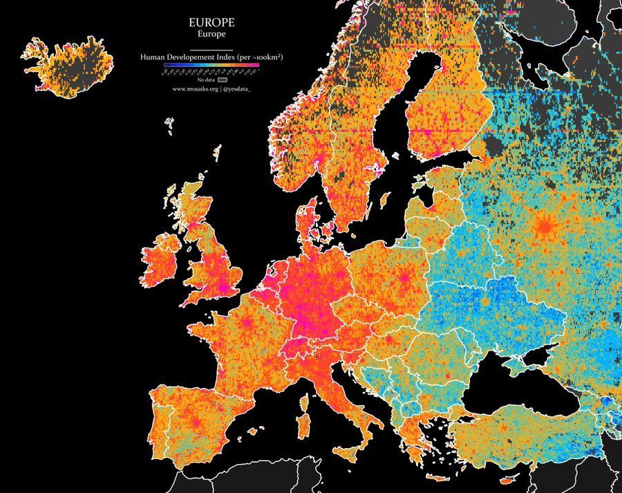 Wonderfully detailed map shows the Human Development Index across Europe. Concentration of development in Central Europe generally and within the big cities within each individual country. 

HT <a href="/yesdata_/">Yes Data</a>